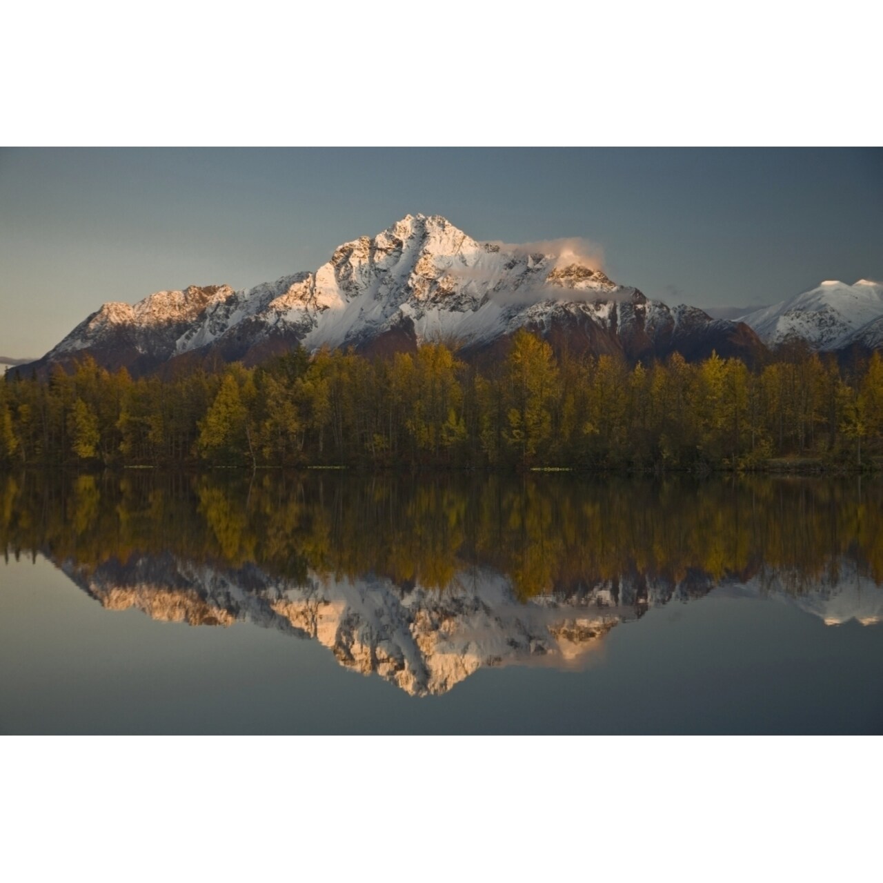 Scenic View Of Pioneer Peak Reflecting In Echo Lake At Sunset Southcentral Alaska Poster Print